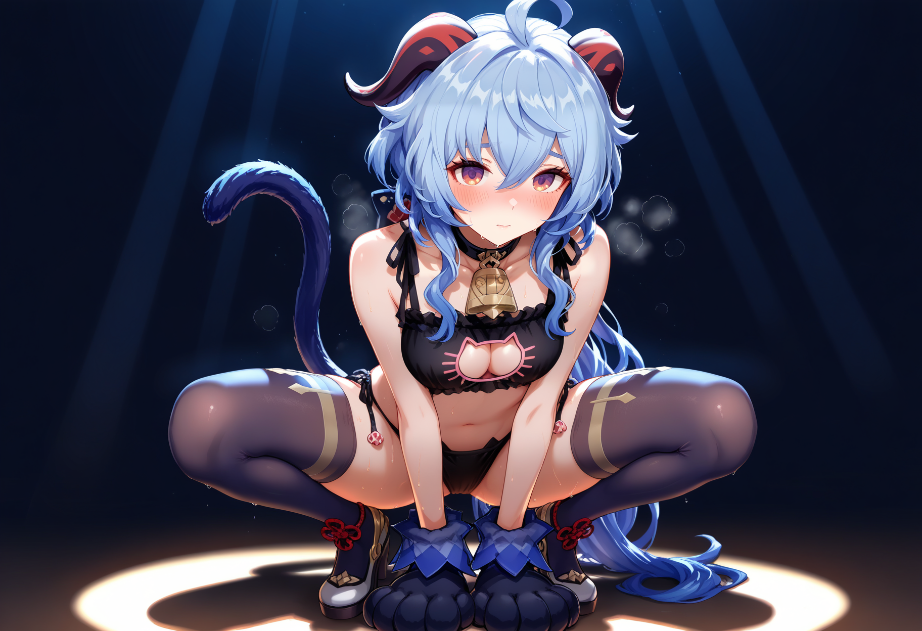 masterpiece, best quality, newest, absurdres, highres, 1girl, ganyu \(genshin impact\), catgirl, cat lingerie, cat ears, cat tail, paw gloves, thighhighs, collar, simple background, dark background, dramatic lighting, perfect lighting, squatting, pose, presenting, blush, sweat, full body,