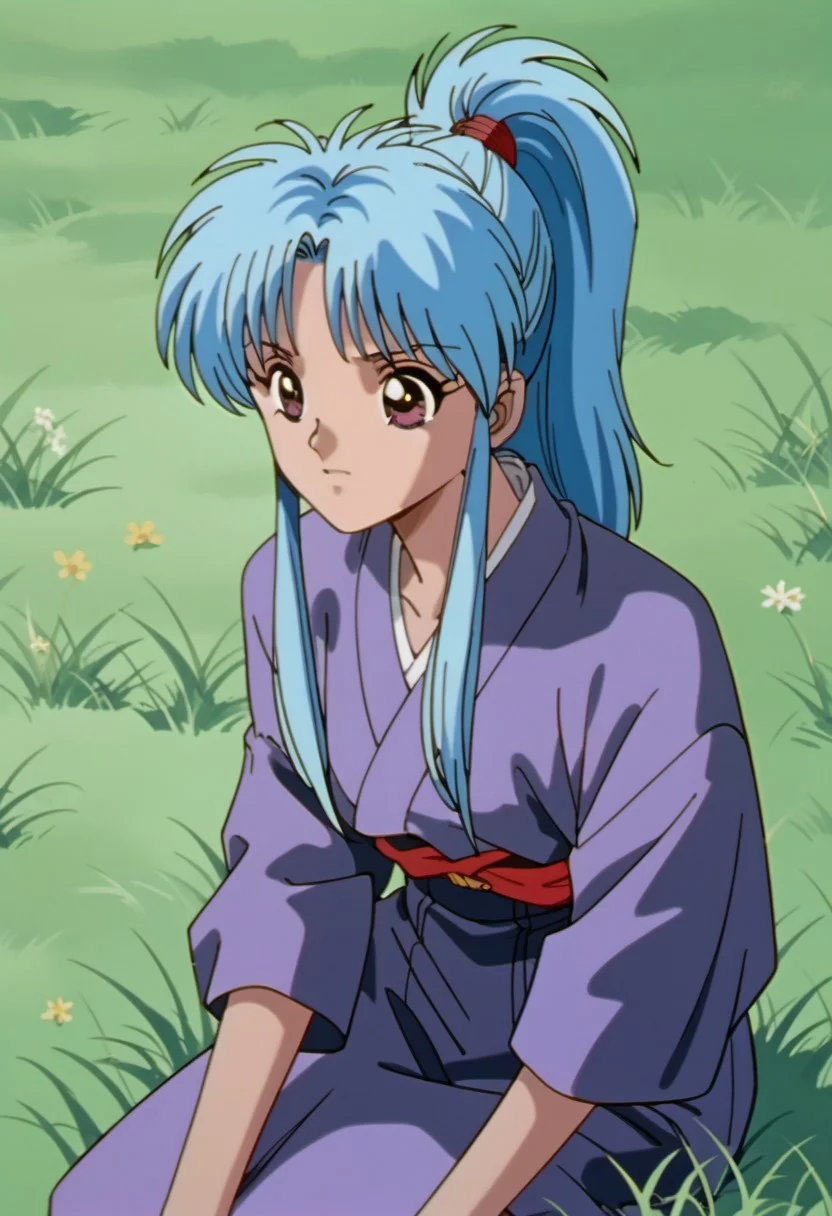 score_9, score_8_up, score_7_up, source_anime, botan (yu yu hakusho), long hair, blue hair, purple eyes, 1girl, solo, ponytail, retro artstyle, grass, 1990s (style), anime coloring