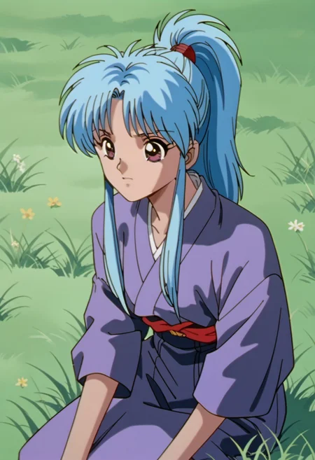 score_9, score_8_up, score_7_up, source_anime, botan (yu yu hakusho), long hair, blue hair, purple eyes, 1girl, solo, ponytail, retro artstyle, grass, 1990s (style), anime coloring
