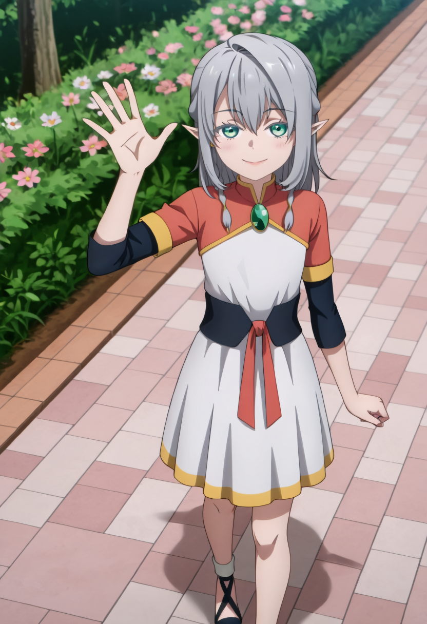 <lora:Young Tessia_IL:1>Young Tessia, 1girl, gray hair, pointed ears, elf, green eyes, white asymmetrical dress with yellow trim, red sash waist tie, black long-sleeve undershirt, green gem pendant necklace, white thigh-high socks, black crisscross strap shoes
 City flower market with cherry blossom trees,seductive smile , waving to the viewer