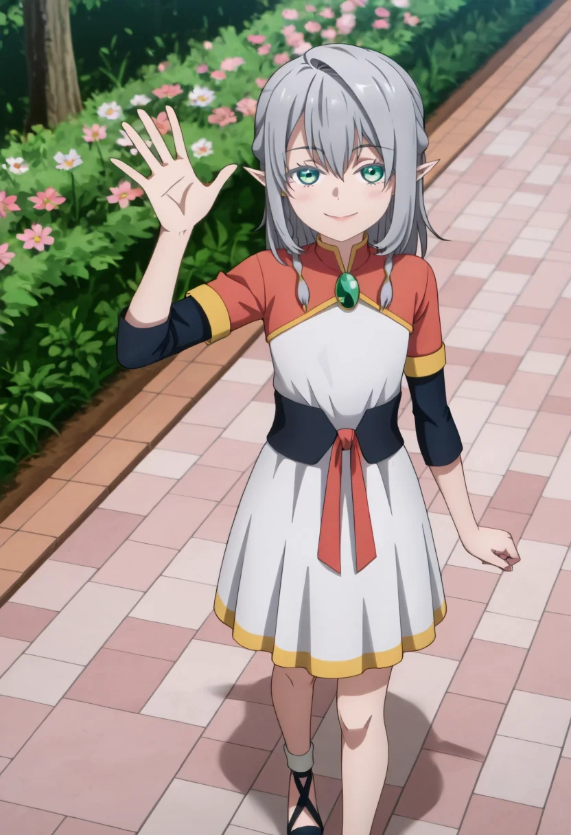 <lora:Young Tessia_IL:1>Young Tessia, 1girl, gray hair, pointed ears, elf, green eyes, white asymmetrical dress with yellow trim, red sash waist tie, black long-sleeve undershirt, green gem pendant necklace, white thigh-high socks, black crisscross strap shoes
 City flower market with cherry blossom trees,seductive smile , waving to the viewer