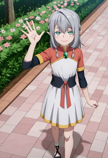 <lora:Young Tessia_IL:1>Young Tessia, 1girl, gray hair, pointed ears, elf, green eyes, white asymmetrical dress with yellow trim, red sash waist tie, black long-sleeve undershirt, green gem pendant necklace, white thigh-high socks, black crisscross strap shoes
City flower market with cherry blossom trees,seductive smile , waving to the viewer