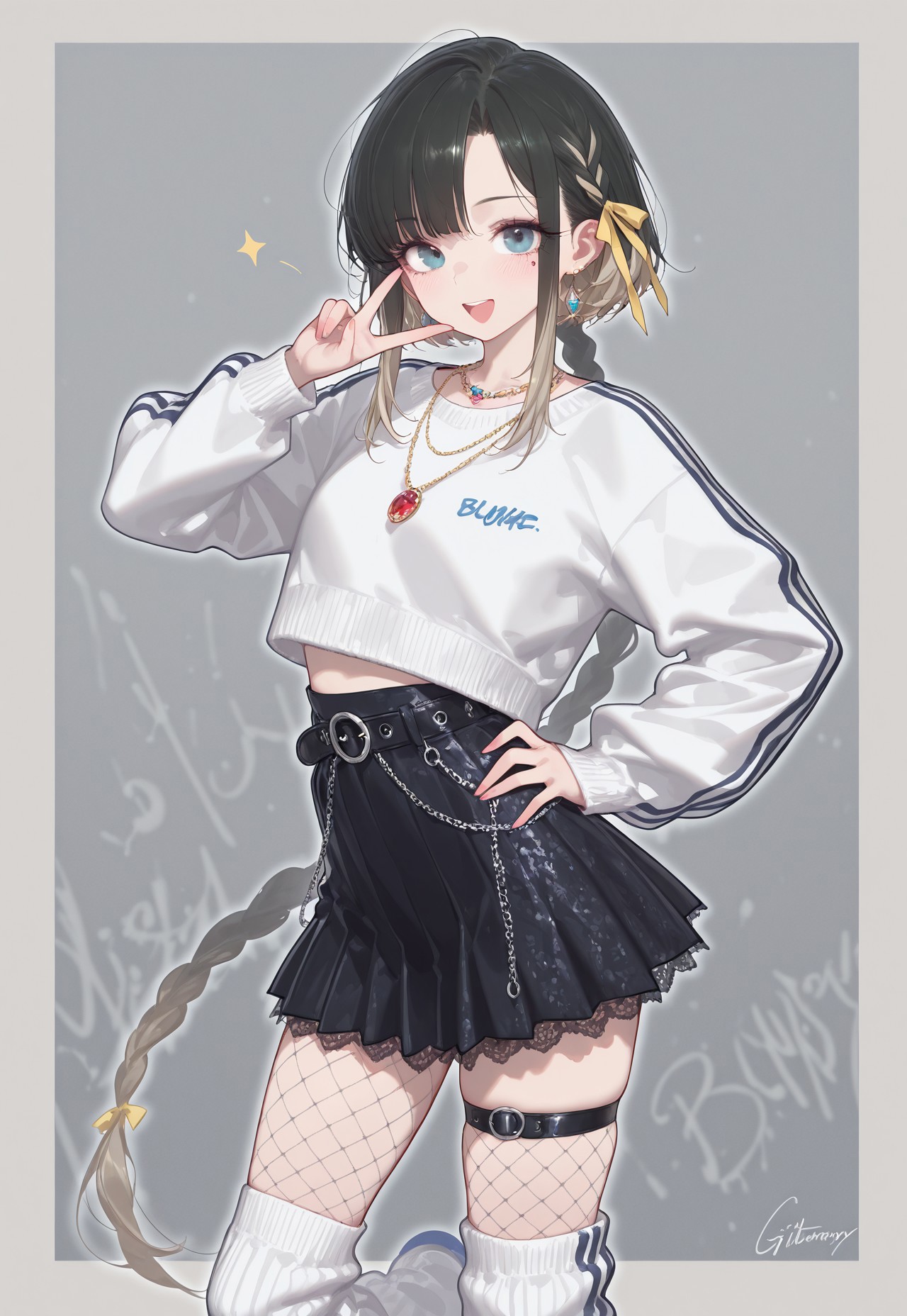 very awa, masterpiece, good aesthetic, best quality, absurdres,  hyper details, beautiful, gorgeous, very awa, masterpiece, good aesthetic, best quality, absurdres, looking at viewer, 

Realistic Hentai Style, realistic clothing, detailed clothing, ultra HD clothing, hyper realistic clothing, 

bushy eyelashes, thick eyelashes, long eyelashes, blushing, beauty mark, glossy lips, glittery eyeliner, 

bushy eyelashes, thick eyelashes, long eyelashes, blushing, beauty mark, glossy lips, glittery eyeliner, 

(Beige hair, black hair tips, short bob cut, sharp hair, messy hair strands, hime sidelocks, extended sidelocks, long sidelocks, asymmetrical bangs, singular low braid, extremely long braid)

Cropped shirt with graphic, sports bra, long sleeve jacket graffiti patterns, various jewel necklaces, high waist creased black leather pleated skirt distress hole, lace skirt trim skirt chain, bulky belt, oversized leg warmers, big bulky oversized roller skate trainers, graffiti patches, asymmetrical fishnet leggings, frilly thigh strap, underskirt shorts

Mature face, excited expression, big bright beautiful open mouth smile, in motion,standing pose, hand on hip, hair ribbon braid, hair ribbon, gyaru peace sign, hand peace sign, 

character outline, border


