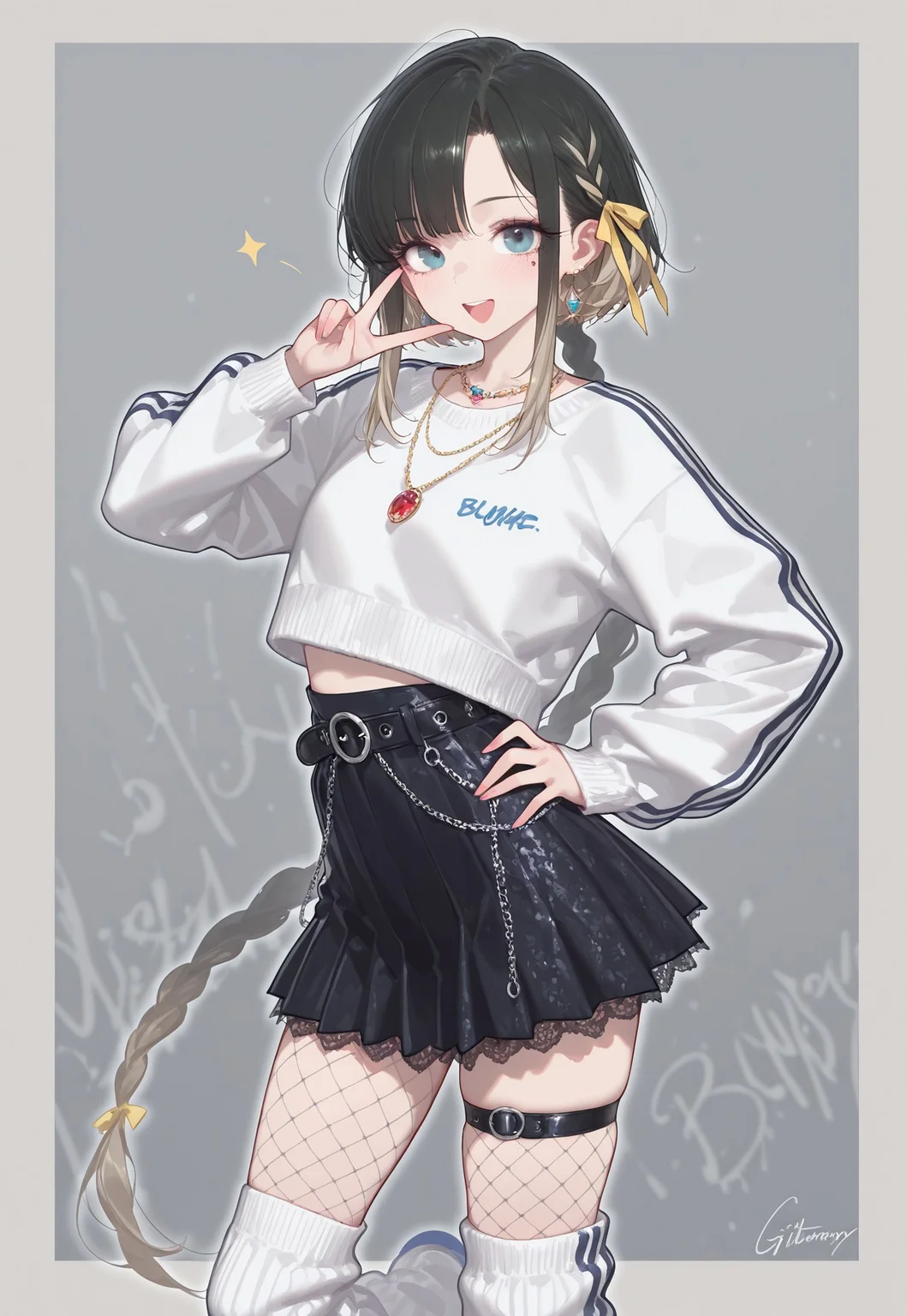 very awa, masterpiece, good aesthetic, best quality, absurdres,  hyper details, beautiful, gorgeous, very awa, masterpiece, good aesthetic, best quality, absurdres, looking at viewer, 

Realistic Hentai Style, realistic clothing, detailed clothing, ultra HD clothing, hyper realistic clothing, 

bushy eyelashes, thick eyelashes, long eyelashes, blushing, beauty mark, glossy lips, glittery eyeliner, 

bushy eyelashes, thick eyelashes, long eyelashes, blushing, beauty mark, glossy lips, glittery eyeliner, 

(Beige hair, black hair tips, short bob cut, sharp hair, messy hair strands, hime sidelocks, extended sidelocks, long sidelocks, asymmetrical bangs, singular low braid, extremely long braid)

Cropped shirt with graphic, sports bra, long sleeve jacket graffiti patterns, various jewel necklaces, high waist creased black leather pleated skirt distress hole, lace skirt trim skirt chain, bulky belt, oversized leg warmers, big bulky oversized roller skate trainers, graffiti patches, asymmetrical fishnet leggings, frilly thigh strap, underskirt shorts

Mature face, excited expression, big bright beautiful open mouth smile, in motion,standing pose, hand on hip, hair ribbon braid, hair ribbon, gyaru peace sign, hand peace sign, 

character outline, border


