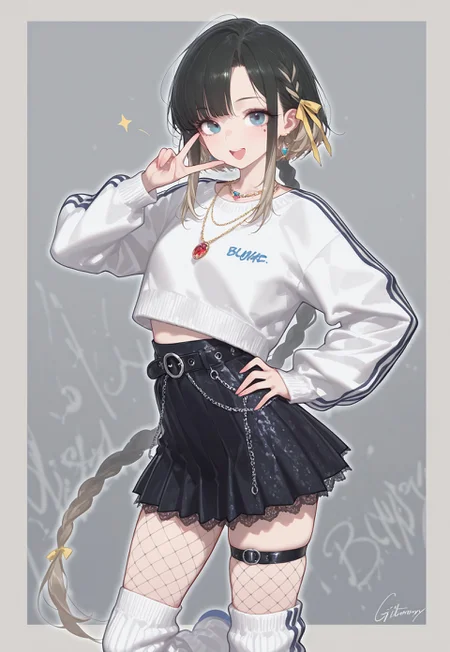 very awa, masterpiece, good aesthetic, best quality, absurdres, hyper details, beautiful, gorgeous, very awa, masterpiece, good aesthetic, best quality, absurdres, looking at viewer,
Realistic Hentai Style, realistic clothing, detailed clothing, ultra HD clothing, hyper realistic clothing,
bushy eyelashes, thick eyelashes, long eyelashes, blushing, beauty mark, glossy lips, glittery eyeliner,
bushy eyelashes, thick eyelashes, long eyelashes, blushing, beauty mark, glossy lips, glittery eyeliner,
(Beige hair, black hair tips, short bob cut, sharp hair, messy hair strands, hime sidelocks, extended sidelocks, long sidelocks, asymmetrical bangs, singular low braid, extremely long braid)
Cropped shirt with graphic, sports bra, long sleeve jacket graffiti patterns, various jewel necklaces, high waist creased black leather pleated skirt distress hole, lace skirt trim skirt chain, bulky belt, oversized leg warmers, big bulky oversized roller skate trainers, graffiti patches, asymmetrical fishnet leggings, frilly thigh strap, underskirt shorts
Mature face, excited expression, big bright beautiful open mouth smile, in motion,standing pose, hand on hip, hair ribbon braid, hair ribbon, gyaru peace sign, hand peace sign,
character outline, border
