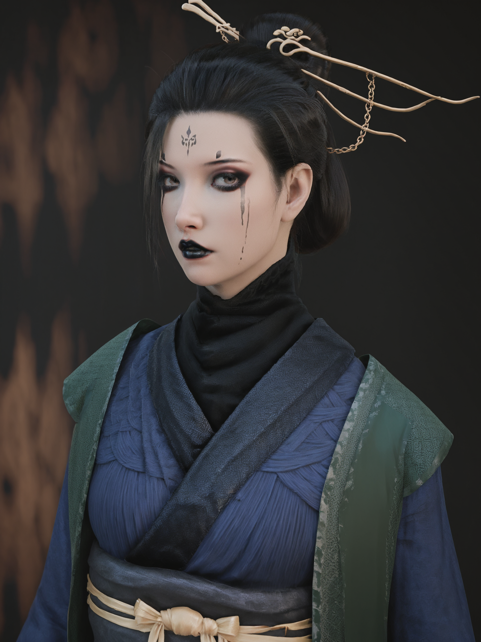 score_9, score_8_up, score_7_up, 8k, best quality, masterpiece, (ultra-detailed), solo, full body:1.1), looking at viewer, 
<lora:zzsimei2-atw-Tanger:0.8>, zzsimei, Fourth daughter, Navy blue Hanfu, long sleeves, black lips, runny makeup, facial mark, by heishenhua, game cg, solo, black hair, hair stick, 1girl, sash, Heavy black makeup, realistic, kimono, 
<lora:Turquoise Style LoRA_Pony XL v6:0.25>, traditional media, realistic, 
portrait painting, close-up, back, upper body, side  face, night, 
A close-up of a traditional Chinese beauty in ancient attire, holding a cup of wine near her lips, gazing thoughtfully at the moonlit sky. Her elegant robes and intricate hair ornaments are illuminated by the soft glow of the full moon. The background is a blurred view of a serene, misty landscape, highlighting the details of her expression and attire. Created Using: portrait realism, delicate brush strokes, soft lighting, intricate details, hd quality, cinematic focus, shallow depth of field, <lora:xl_more_art-full-beta2:0.5>,