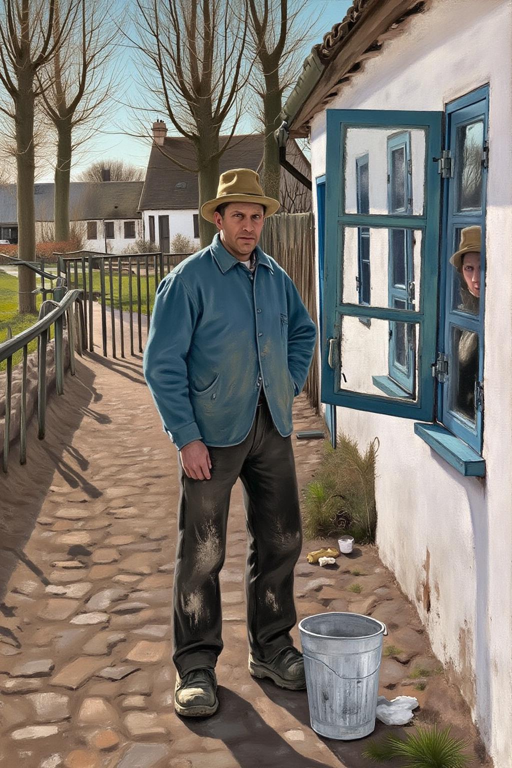 lauritsandersenring1 painting. 
A man stands on a cobblestone path, wearing a blue jacket, dark pants with paint stains, and a hat. There is a metallic bucket beside his feet. The window is part of a white building with a blue frame, where a woman is partially visible inside. A fence, trees, house, and a white bucket are in the background. <lora:lauritsandersenring1_cap_d8a4e13:1.0><lora:857009995252808942:0>