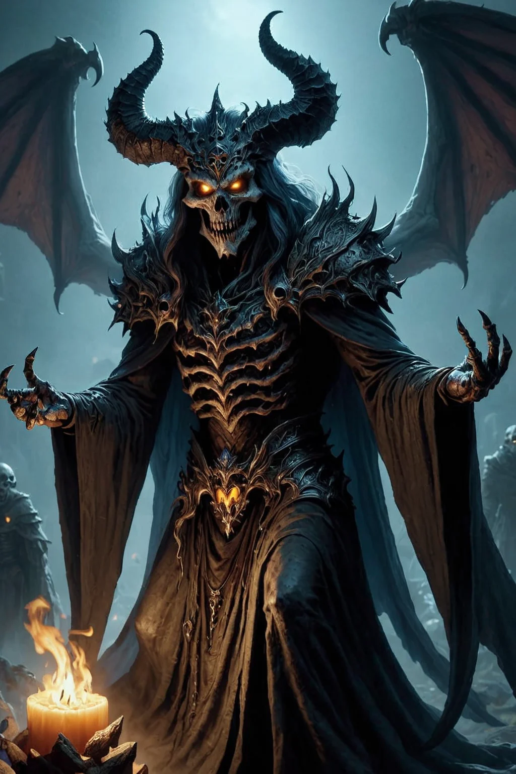 ultra realistic 8k cg, masterpiece, professional artwork, cinematic lighting, painting of a Lich demon summoning monsters <lora:Fantasy_Monsters_XL:1>