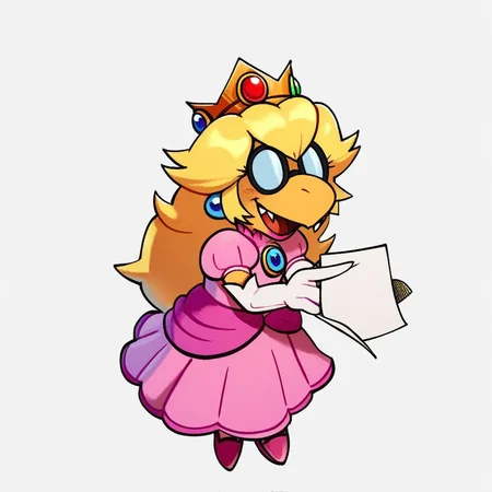 score_9,score_8,score_7,source_furry,kamepeach, kamek_crossdressing, kamek_sissy, princess peach, 1girl, solo, blonde hair, dress, gloves, pink dress, crown, long hair, jewelry, white background, simple background, elbow gloves, fang, smile, earrings, white gloves, safe, paper, paper_kamek