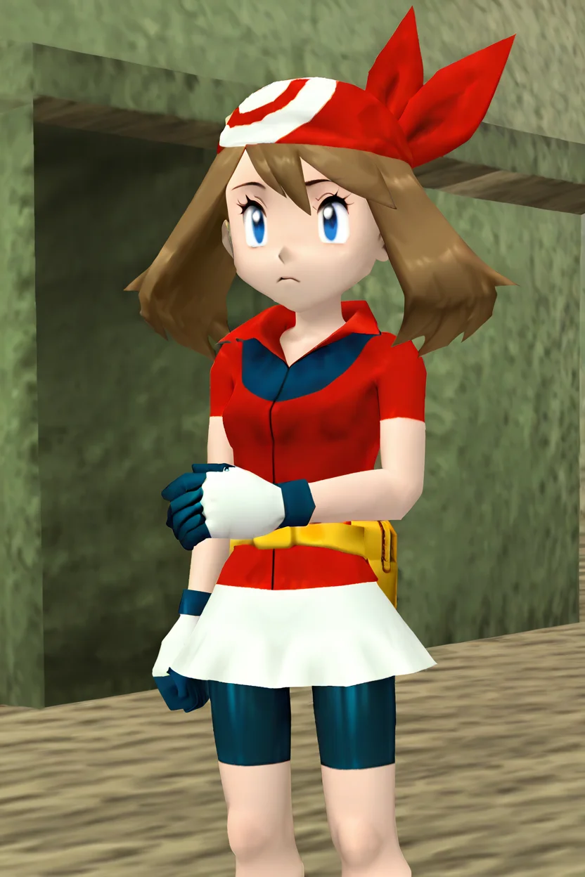 BREAK, zzMay, may (pokemon), solo, brown hair, blue eyes, medium hair, red shirt, bike shorts, red bandana, red shirt, gloves, white miniskirt, yellow belt, <lora:MayPokemonIXL_v2:1.0>, ,<lora:N64ZeldaStyleIXL:1.0>,