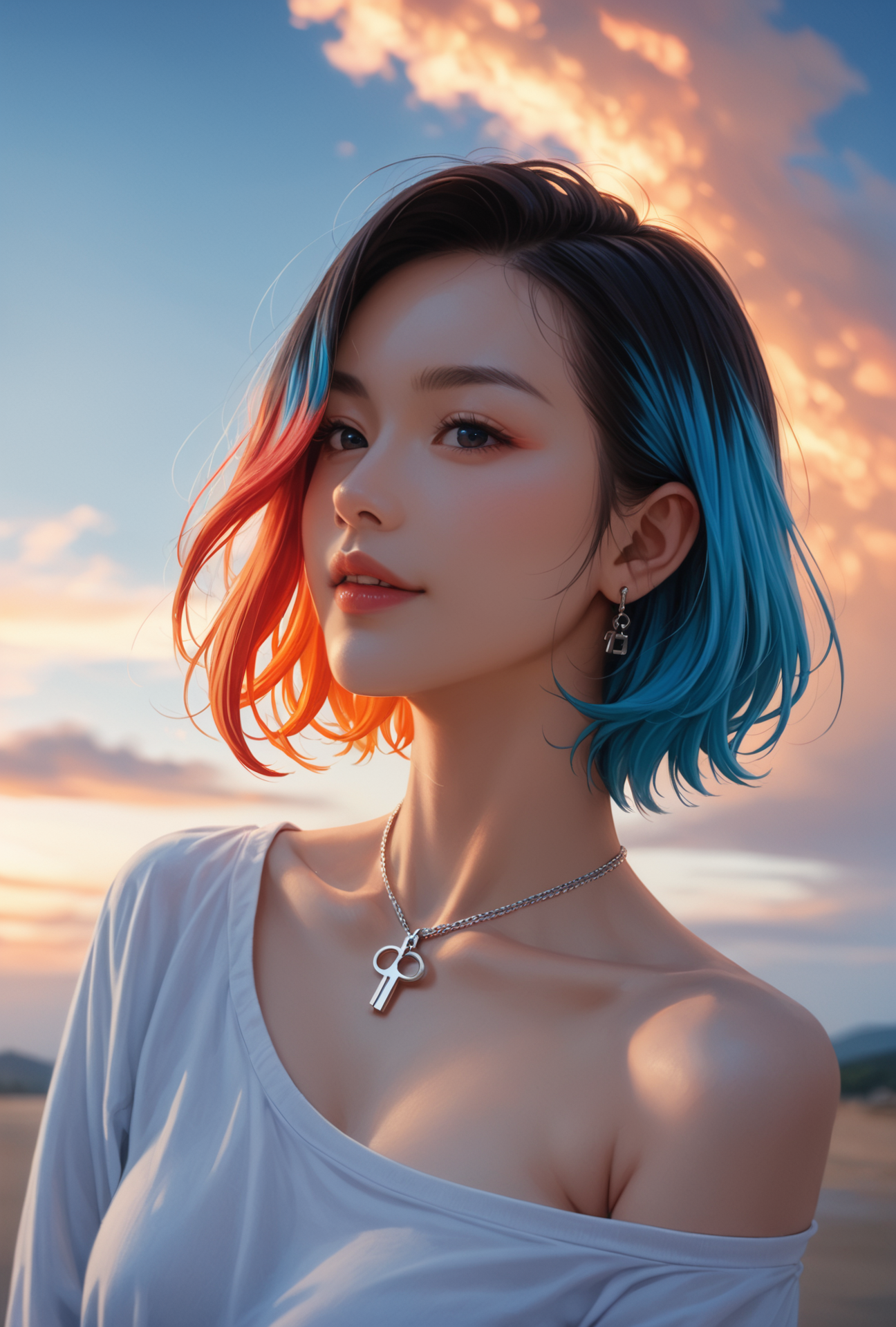 score_9, score_8_up, score_7_up,   film grain, photo by fuji-proplus-ii film,  raw picture of 20 years old woman in off-shoulder, close up portrait, deep blue sky, cloudy sky, outdoor, high key light, soft shadow, Fiery clouds, colored hair,