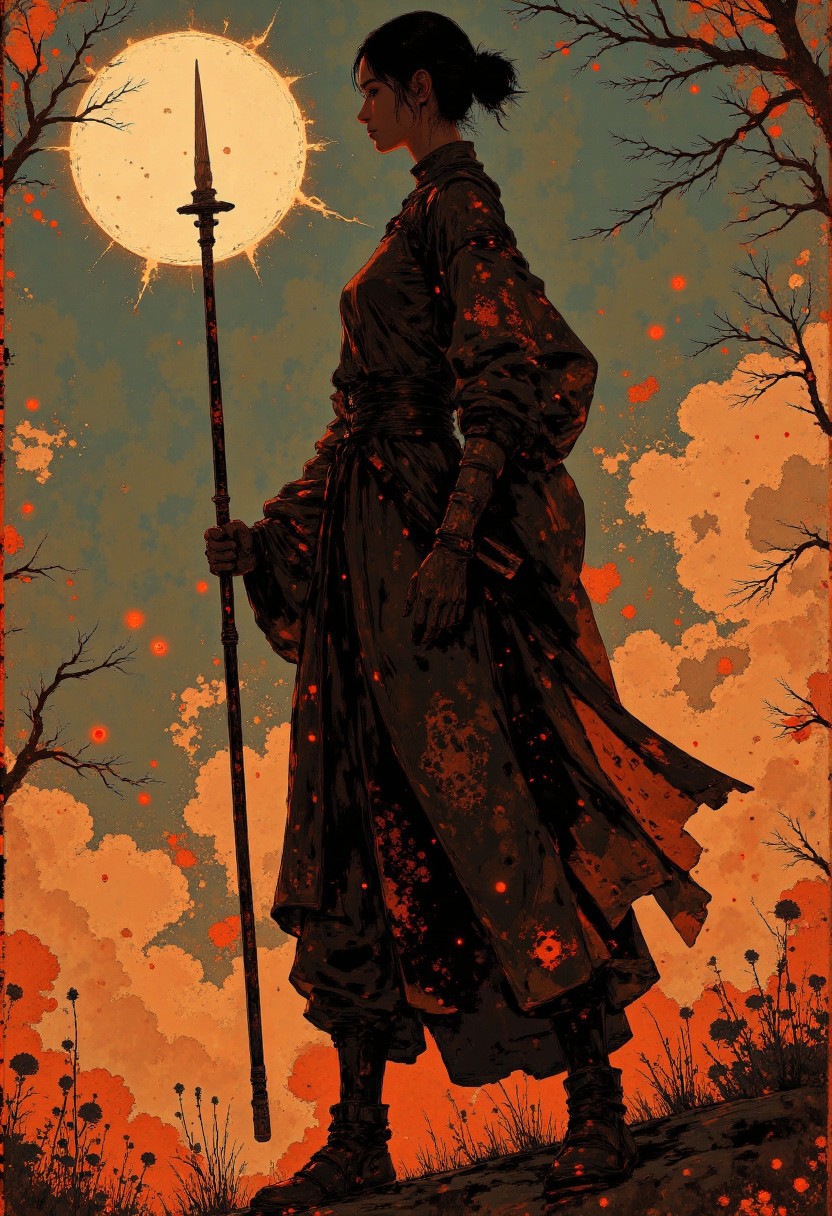 Victory stance exudes primal pride,
Warrior woman wears tri-colored cloak,
Reds and blacks swirled, midnight mottle pattern,
Revealing olive-toned abdominals rippling rigid,
Thigh-high boots trample dirt painted rust brown,
Sword planted to hilt quivers as victor pants,
Blood-stained blade sheds gore glisten macabre,
Defeated beast lies prone defeated pitiful,
Jaws slack tongue dangling as eyes stare blank,
Smoke rises from wounds sizzling seared burnt crisp,
Flames flicker through rubbled ruins ashing,
Red sunset sky mirrors spilled guts glister scarlet,
Her scarlett locks whip winds wilding blowing,
Metal horns cap ears framed cheek bones cutting,
Regal frown forehead furrowing thinking past battle,
Battle-fatigued yet alive standing in carnage aftermath,
Contemplating meaning of victory cost heavy toll,
Staring into the eyes of conquered dragon skull,
art by Hsiao-Ron Cheng,
digital, fashion, femininity, minimalism, mixed-media, pastel-colors, pop-art, portraits, female-artist,
beautiful, painterly, detailed, textural, artistic, aesthetic, intricate details, highly detailed, vivid, vibrant, 
EtherealGlow, glowing, ethereal