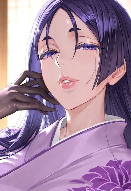 1girl, Minamoto-no-Raikou
\(fate\),, adult woman, milf, masterpiece, purple japanese dress, hand up, black gloves, high collar, dark purple hair, long hair, very long hair, luscious lips, lip gloss, portrait, colored eyelashes, backlighting, purple eyes, goddess, glossy skin, ,hires,best quality, very aesthetic,absurdres,score_9, score_8_up, score_7_up, score_6_up, score_5_up, score_4_up, (hyper extreme detailed), (hyper quality), game CG, (colour:1.2),(from side:0.7)
