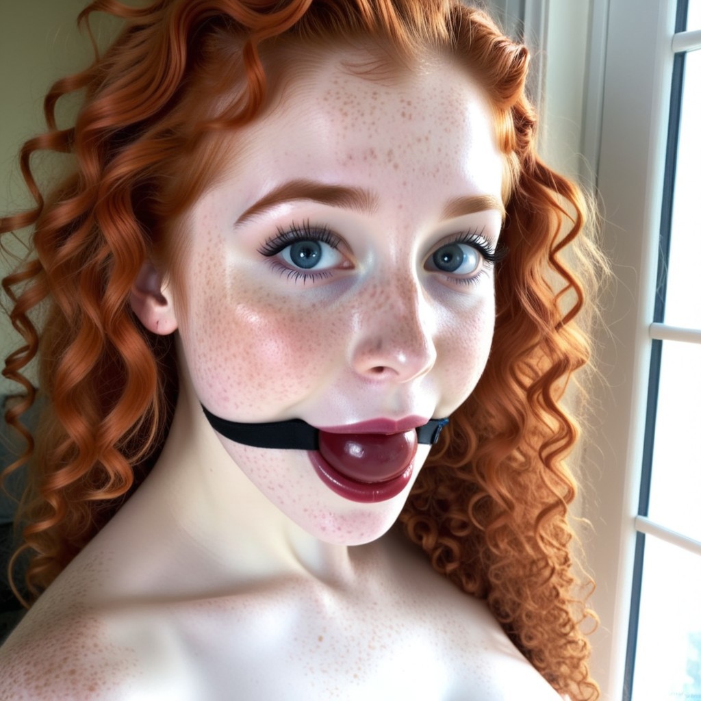 Naked beautiful, stunning ginger long very curly hair brushed to one side, marble like pale skin, freckles, sapphire blue expressive eyes, perky firm medium breasts, soft playful smile, no makeup, dark red lipstick, standing in a corner by the window looking out, 3/4  close-up portrait, soft diffused light filtering thru the window falling onto her upper body and face, soft glow surrounding her, high-key photography