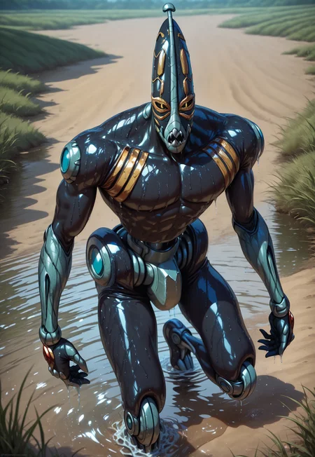 realistic, masterpiece, best quality, newest, absurdres, highres, foof, solo, full body, stand (jojo), 1boy, no humans, robot, colored skin, yellow eyes, black sclera, fangs, robot joints, looking at viewer, wet, BREAK, water, grass, sunny