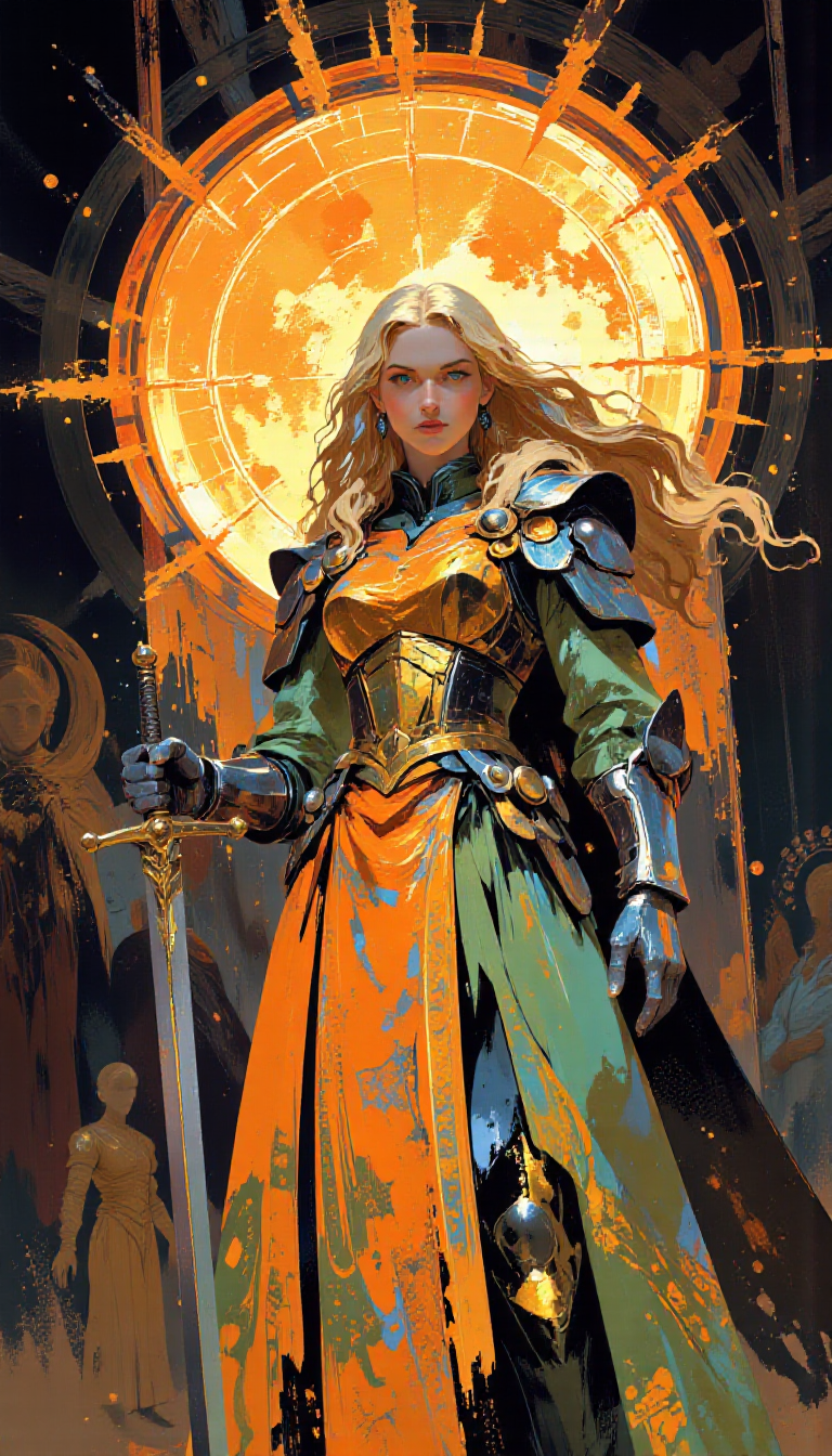 pscho_4rt,mythp0rt,very wide angle, put subject further away, small subject, A vibrant and detailed digital illustration from a front camera angle about a fantasy character with long, flowing blonde hair holding a sword in front of a large, glowing sun. the character, a woman with a determined expression, stands in the middle of the image, wearing a long, orange and green dress with intricate patterns and blue armor. her long, wavy blonde hair is blowing in the wind, and she holds a large sword in her right hand. the background features a circular stained glass window with a fiery orange and yellow hue, and the scene is set against a dark, gothic backdrop with glowing figures. the style is reminiscent of comic book art, with bold outlines and vibrant colors.  1girl, long hair, holding, blonde hair, standing, full body, yellow hair, weapon, holding weapon, armor, sword, colored skin, glowing, colored sclera, fire, glowing eyes, holding sword  camera_angle: front, art_style: digital illustration, location: fantasy setting, background: A large, fiery sun with glowing orbs and dark figures in the background, creating a dramatic and mystical atmosphere., text: NA, image_composition: middle, clothing: ornate armor, long dress, hair_color: blonde, distance_to_camera: full body;full body, action: holding sword;standing, accessory: NA;NA, pants: green and orange dress, eye_direction: looking at viewer;looking at viewer, race: light skin;light skin, shoes: silver armor;light green pants, ear: no human, body: slim;slim, gender: 1woman;1woman, eye color: unknown;no human, facing viewer;facing viewer