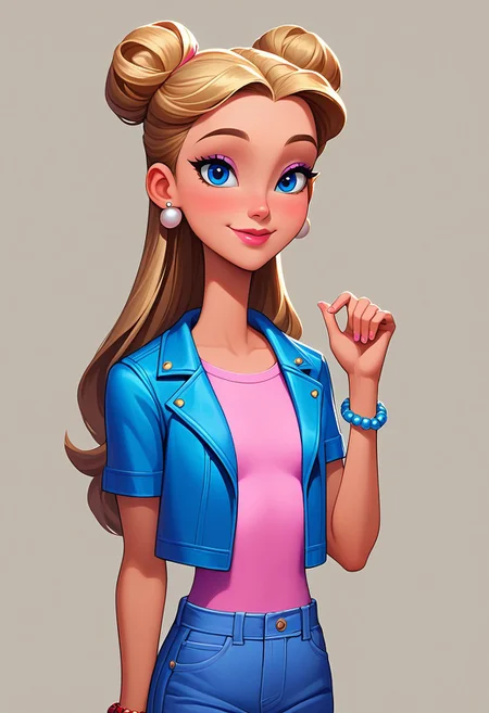 score_9, score_8_up, score_7_up, mgas, masterpiece, best quality, detailed eyes, detailed face, perfect eyes, high detailed, absurdres, highres, casual game art, mobile game art, merge 3 game art, character design, BREAK, 1girl, woman, young, solo, smile, closed mouth, blue eyes, small breasts, beautiful, pink lips, blush, blonde long hair, bun on the back of her head, round pearl earrings, thin gray chain around her neck with a round pearl, burgundy bracelet on her left hand, purple bracelet on her right hand, bright red T-shirt with a cutout on the chest, blue unbuttoned jacket, purple jeans, BREAK right hand at the waist, left hand raised up, left hand palm up, arms bent at the elbows, standing, cowboy shot, semi-sideways, half-sideways, looking at viewer, BREAK simple background, gray gradient background
