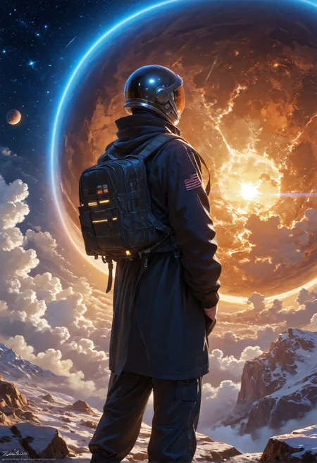 score_9,score_8_up,score_7_up,embedding:zPDXL2, masterpiece,best quality,highly detailed,detailed background, film grain,colorful,glowing,hand person,Expressiveh, , solo, 1boy, standing, male focus, bag, from behind, watermark, backpack, helmet, star \(sky\), scenery, 1other, science fiction, realistic, space, planet, ambiguous gender, spacecraft, spacesuit, astronaut, starship，<lora:增强\(增强)sdxl_lightning_8step_lora.safetensors:1.0:1.0> <lora:增强\(增强)Expressive_H-000001.safetensors:0.8:0.8> <lora:增强\(增强)Hands XL 4.safetensors:1.0:1.0> <lora:增强\glowneon_xl_v1.safetensors:1.0:1.0> <lora:Vixon\收藏\Vixon's Pony Styles Illumi.safetensors:0.8:0.8>