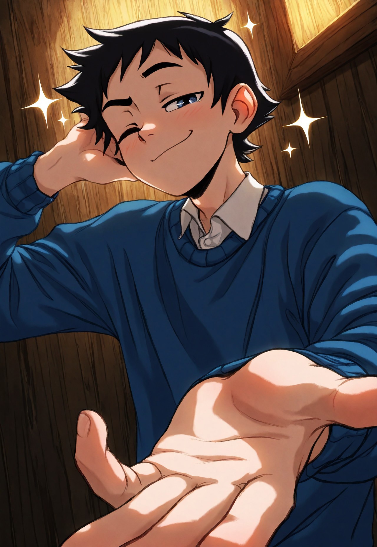 masterpiece, best quality, amazing quality, very aesthetic, absurdres, newest, detailed background, scwallace, 1boy, solo, male focus, wallace, black hair, one eye closed, smug, blue sweater, undershirt, close-up, beckoning viewer, bludwing, sparkle, hand in hair