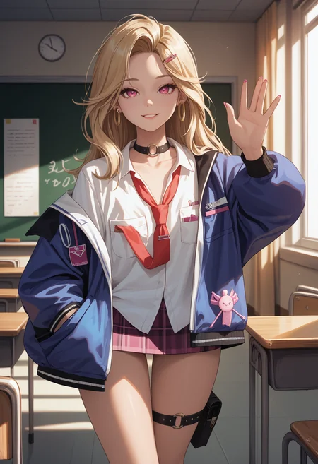 score_9, score_8_up, score_7_up, source_anime BREAK 1girl, solo, <lora:ein-nikke-richy-v1_pdxl:1> nnkk, pink eyes, blonde hair, long hair, hairclip, hoop earrings, black choker, white shirt, red necktie, loose necktie, breast pocket, blue jacket, plaid skirt, standing, looking at viewer, pink nails, parted lips, thigh strap, thigh pouch, standing, indoors, classroom, smile, waving