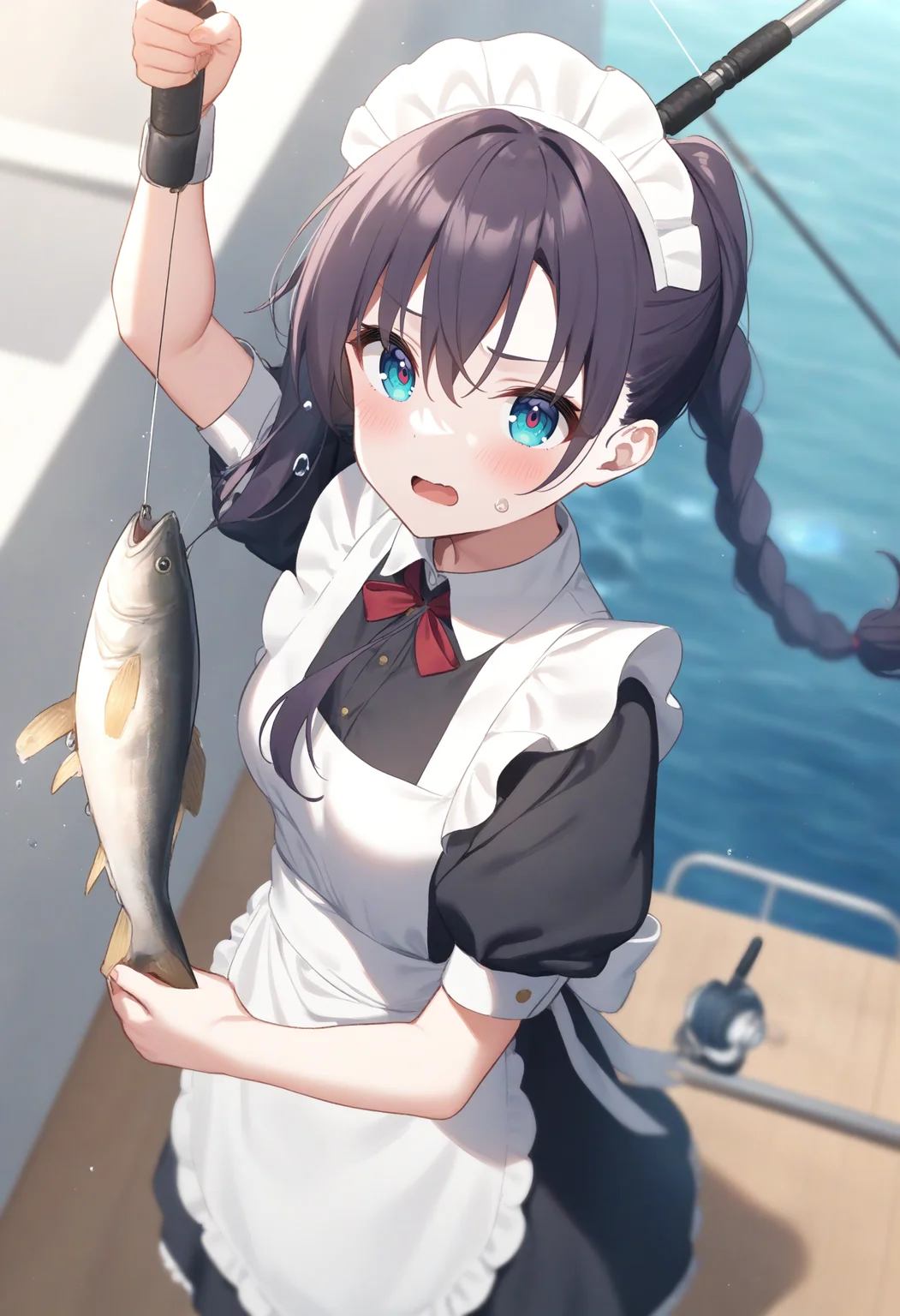 1girl,sincos, ningen mame, toosaka asagi,solo,medium breasts,20yo,maid,maid headdress,
fishing, fishing rod, fish, boat, holding fishing rod, holding fish, ocean, day, arm up, water drop, fishing line, <lora:fishing_XL_v1:0.8>
from above, cinematic angle, looking down, purple hair, aqua eyes,anguish, open mouth, braid ponytail hair,,
best quality, very aesthetic, absurdres