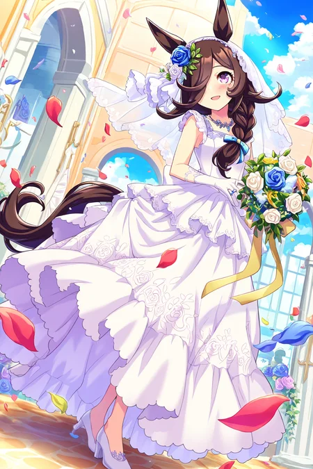 masterpiece,best quality,very aesthetic,absurdres,highres,newest,official art,official style,
1girl,solo,
rcs lfs, rice shower (longed-for scenery) (umamusume), rice shower (umamusume),
alternate costume, alternate hairstyle, animal ears, blue flower, blue rose,
blush, braid, braided ponytail, bridal veil, bride, brown hair, collarbone,
dress, flower, gloves, hair flower, hair ornament, hair over one eye, horse ears, horse girl, horse tail,
jewelry, long braid, long hair, low ponytail, necklace, official alternate costume, official alternate hairstyle,
petals, purple eyes, rose, sleeveless, sleeveless dress, tail, upper body, veil, violet eyes,
wedding, wedding dress, wedding ring, white dress, white flower, white gloves, white headwear,
standing,full body,
<lora:umamusume_rice_shower2_ill_v1.0:1>,