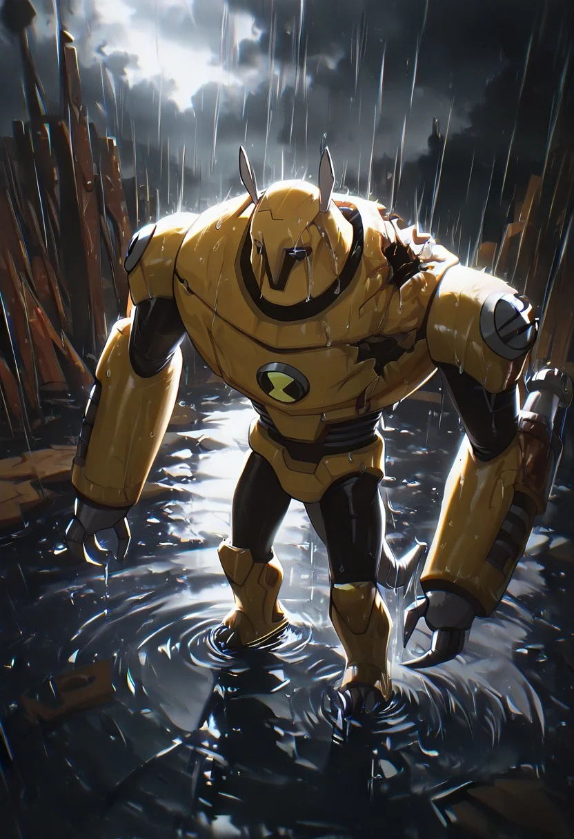 masterpiece, best quality, amazing quality, very aesthetic, absurdres, newest,, detailed background, 
armadrillo, robot, claws, yellow armor, grey tail, antennae, no eyes,  massive arms, yellow helmet, mecha, short legs,
raining, from above, looking up, sad, tears, black background, water puddles, rusty robot, rust on robot, wet armor, broken armor, ears down, lowered ears, expressive ears, sad ears, grey sky, clouds,