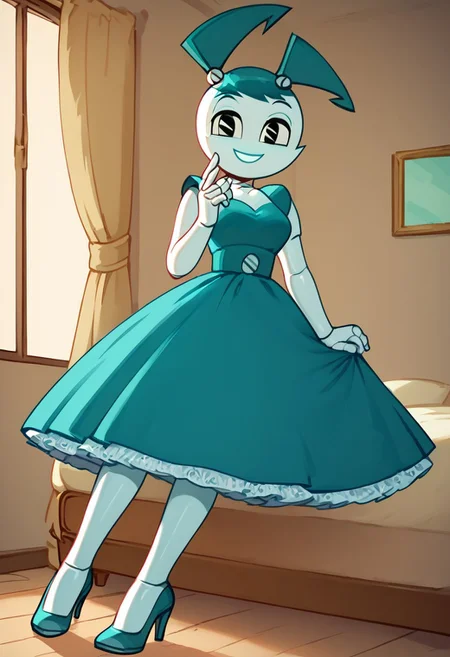 (Masterpiece, best quality:1.2), score_9, score_8_up, flat color, flat shading, soft shading, lighting, Jenny Wakeman as an adult, in a 1950's full length formal blue skirt, a white belt, button down v-neck formal black top, a fluffy frilly ruffled full white petticoat, and black high heels, dress, layered petticoat, frilly petticoat, fluffy petticoat, full petticoat, detailed petticoat ((wide skirt, detailed outfit, flowing skirt, long skirt, solid blue colored skirt, black high heels)), blue hair, series accurate, cute, best high quality, high res, robot, humanoid robot, medium breasts, whole body shot, 1girl, ((solo, inside, in a romantic bedroom, sitting on the bed, sitting, bent knees, looking at you, low angle)), cute, seductive, seductive smile, half lidded eyes, low angle shot, cartoon, cartoon style, vector, solo, circle dress, 1950s, whisperfoot_style, dance dress jenny, jenny wakeman, 1girl, solo, robot joints, black eyes, white skin, ponytail, hair bow, blue rose chest corsage, poofy dress, blue hair, flat lighting