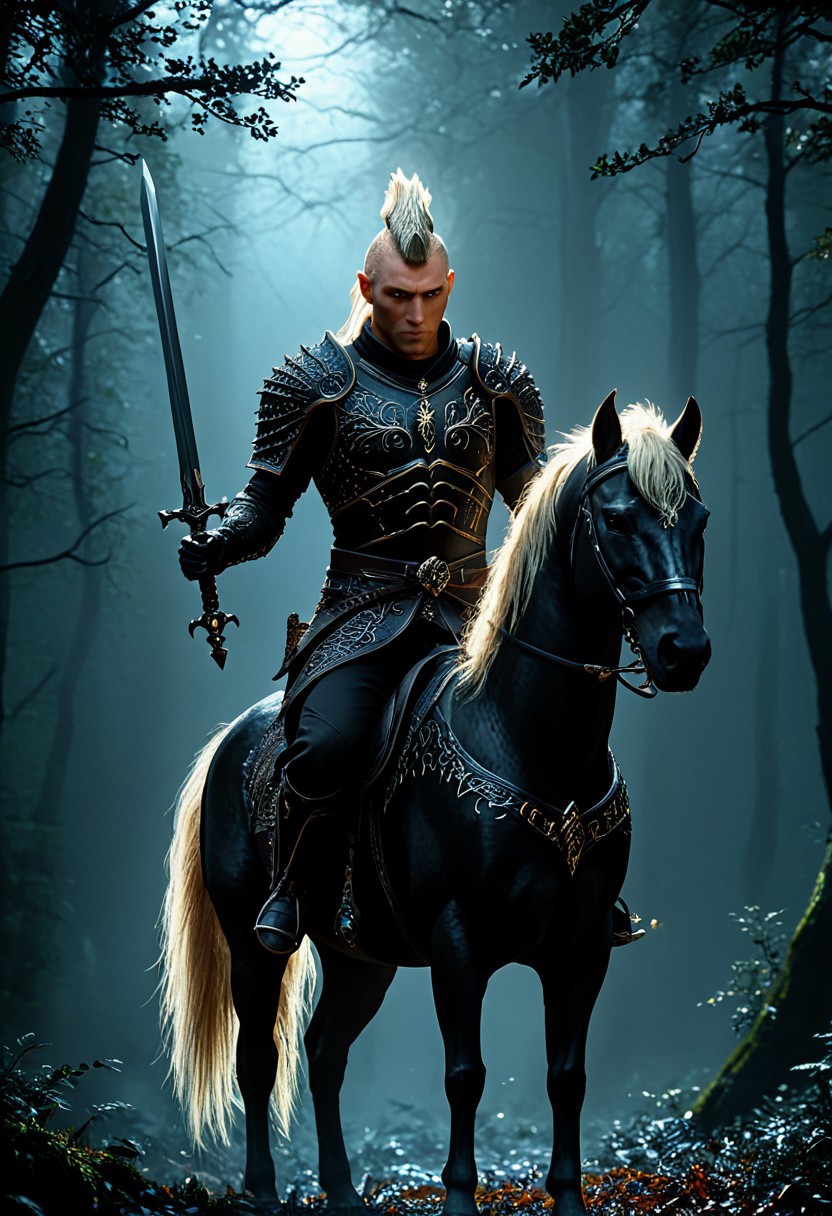 civitametapunkSDXL, detailed, textural, artistic, concept art, masterpiece, <lora:add-detail-xl:1>, great lighting, dark fantasy setting. glowing eyes, on a black evil horse, holding an evil longsword with glowing runes, riding in a dark evil forest, he is in a hurry, mohawk hairstyle shaved on the side, blonde hair and pale skin, dark armor,
horror, pure evil, dark fantasy theme, real, ultra-detailed, best quality,masterpiece, extremely detailed, dynamic, great lighting, perfect shading
, atmospheric, best quality, sharp focus, high contrast, stylized, dark, clear, surreal, ultra quality, 8k, best quality, masterpiece,
midjourneyv6.1