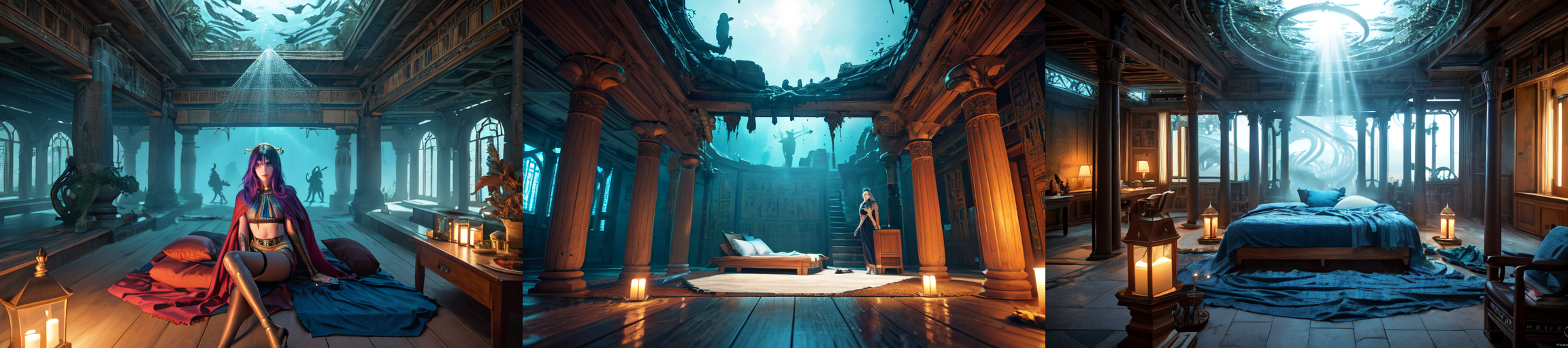 (otherworldly, otherworldly atmosphere, otherworldly appearance), highly insanely detailed, masterpiece, top quality, best quality, highres, 4k, 8k, RAW photo, ((ancient egyptian theme:1.2)), Hong Kong structure, structure, 
(mystical theme), mystical gatmosphere, arcane sanctuaries, otherwordly aura, 
(long_hair, long hair, random colors hair, glowing hair, hair over one eye, long messy hair), 
(eyelashes, eyeliner, eyeshadow, eyelashes, long eyelashes), 
collar, earrings, jewelry, necklace, armlet, 
tentacle, (underwater), nsfw, 
Homestay, Resort, (Guest House:1.1), 
building, structure, swirling energy, 
action pose, 
drunk, 
high-heels, 
reflection, reflective floor, 
shawl, 
abandoned building, shopping mall, overgrown with vegetation, [volumetric fog], cinematic lighting, colorful, colourful, 
belly bottom, erotic lingerie, 
((dune)), steep, sandhills, 
HDR, ((photorealistic)), professional light, cinematic lighting, fashion photography, ambient lighting, face lighting, <lora:detail_slider_v4:1>, Fantasy picture, OverallDetail, ancient roman room with a statue and candles in it and a bed in the middle of the room with a blue blanket on it and a blue blanket on the floor, RomInt, <lora:RomanInterior-10:1>, epiCPhoto, (fantasy world)