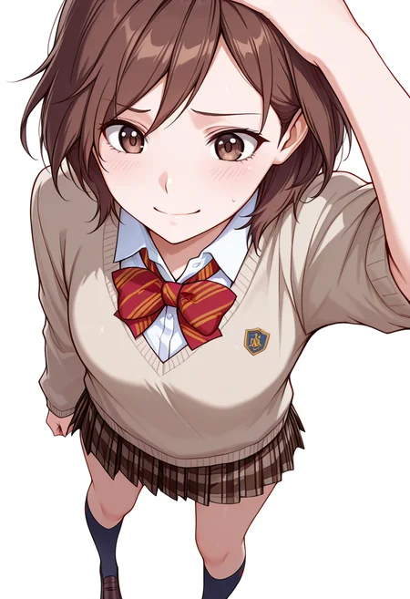 masterpiece,high quality details, absurdres,
<lora:Hiro_Kurusu_V2:0.8>
hiro_cnr, 1girl, brown hair, short hair, brown eyes,
hiro_s1,pleated skirt, shirt, sweater,bowtie,kneehighs, shoes, plaid skirt,, simple background, white background, dynamic angle,solo,, forced smile,worried,, one arm supporting head,standing with feet wide,upright posture,