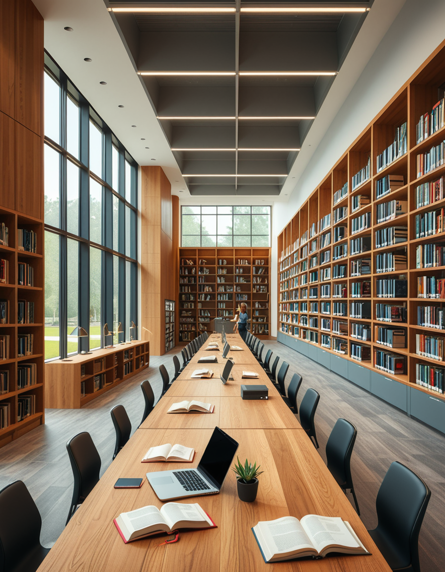 A high-resolution, ultra-realistic photograph of a modern college library interior. The scene showcases a spacious, open-plan design with large floor-to-ceiling windows allowing natural daylight to flood the space. The architectural style is contemporary, featuring minimalist furniture with clean lines: sleek wooden tables, ergonomic chairs in neutral tones (gray and beige), and built-in bookshelves made of light oak wood.
In the foreground, a group of diverse students (varied ethnicities and genders) are quietly studying, some using laptops, others reading books, with focused, calm expressions. One student is sipping coffee from a reusable cup.
The background displays rows of neatly organized books, indoor plants adding a touch of greenery, and modern pendant lights hanging from the ceiling, providing warm, ambient lighting. The floor is covered with soft gray carpet, and large abstract paintings decorate the walls, contributing to a cozy and intellectual atmosphere.
The overall mood is peaceful, studious, and inspiring, with balanced natural and artificial lighting, crisp details, and realistic textures, captured as if by a professional architectural photographer using a full-frame camera.
 <lora:SDXLFaeTastic2400:0.4> <lora:extremely_detailed:0.4> extremely detailed,<lora:modern_c0ll3g3_l1br4ry:1>,modern c0ll3g3 l1br4ry, Masterpiece,best quality,hi res,8k,hi res,8k,award winning,(sharp focus, intricate, highly detailed),