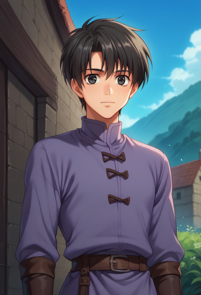 score_9, score_8_up, score_7_up, source_anime, highly detailed,
YuriShibuya, 1boy, male focus, solo, black hair, black eyes, upper body, sky, day, tunic,
purple tunic, multiple crossover, short over long sleeves, black pants
outdoor, sky, medieval,