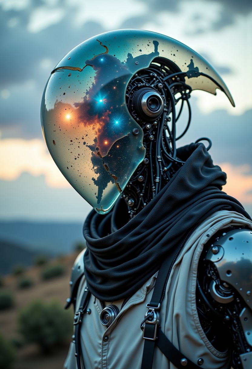 Head Closeup, dark-mood-mod, a photorealistic image, depicting a sleek armored mech-knight with exposed wires and intricate technical parts. A worn armored Future soldier in dynamic Pose. featureless humanoid with a translucent, reflective head that resembles a helmet or mask. The head is a polished, iridescent translucent surface that reflects and refracts light, showing a mesmerizing mix of colors including deep blues and hints of red, suggesting a blend of nebulae and cosmic phenomena. The scene is set at dusk, with the sky transitioning from a soft, pale blue to a deeper, cooler hue, and the horizon lined with wispy, scattered clouds. The dominant feature in the image is His mechanical mechanical edgy shoulder armor, jagged and spiked, oversized and intricate, its translucent milky surface and luminous translucent Material stark against the sky. dressed in a Armor with a long, flowing white robe that appears to be made of a dark, coarse translucent material, blending into the dark tones of the landscape. (raytracing:1.3), (ambient occlusion), (cinematic lighting:1.3), (chromatic aberration), (4K image quality:1.3), (sharp detail:1.3), (highly realistic:1.3), (dim warm cinematic lighting:1.3)