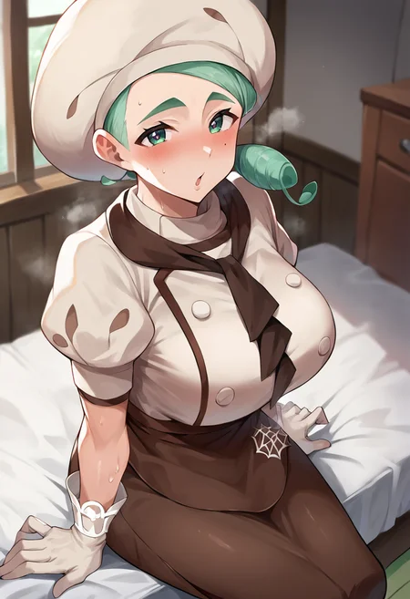 score_9, score_8_up, score_7_up, masterpiece, source_anime, 1girl, ct_k4ty, large breasts, brown shirt, puffy short sleeves, brown ascot, chef hat, brown apron, gloves,  depth of field, indoors,  house, looking at viewer, sitting, blush, sweat, smell,<lora:Katy_Pokemon_Pony_ct:0.9>