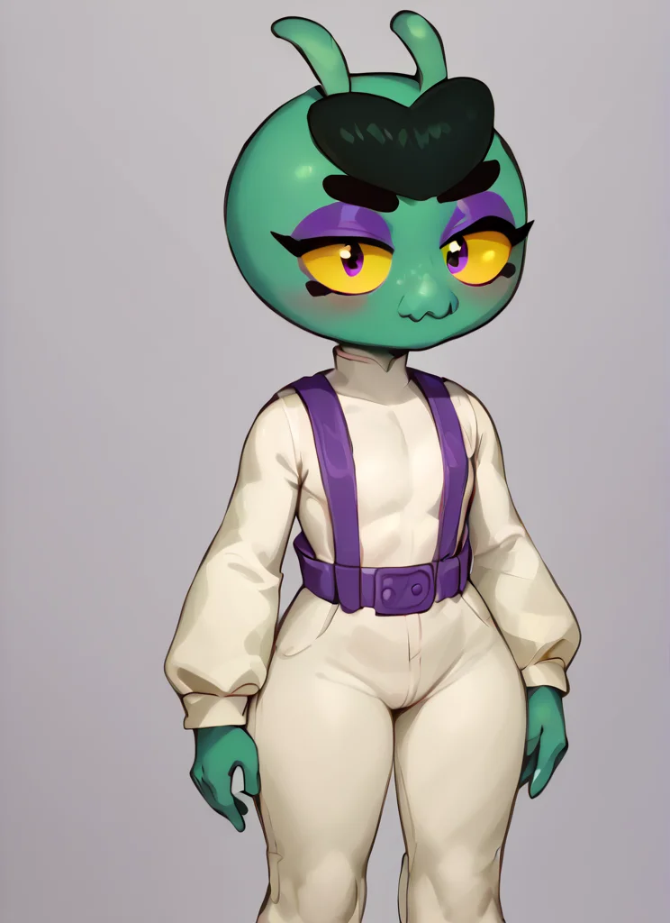 score_9, score_8_up, score_7_up, <lora:bseve:1> bseve ,1 girl , green skin , no humans, monobrow , no hair ,yellow sclera, antennae, eyeshadow, suspenders ,white bodysuit, long sleeves, pants , suspenders, <lora:Kittew-4RCH0N:1>