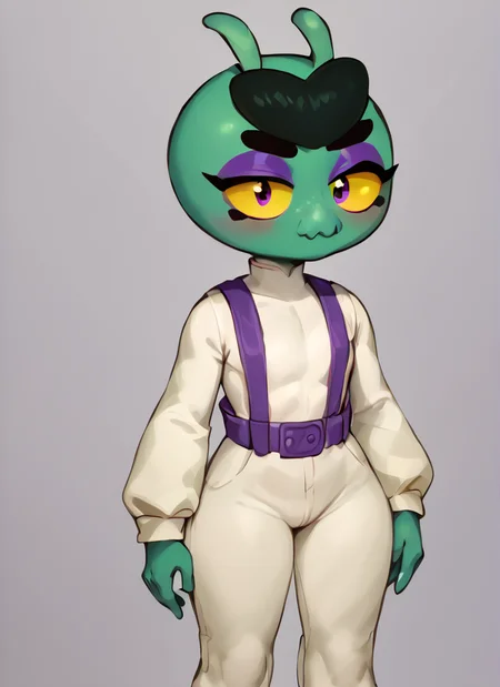 score_9, score_8_up, score_7_up, <lora:bseve:1> bseve ,1 girl , green skin , no humans, monobrow , no hair ,yellow sclera, antennae, eyeshadow, suspenders ,white bodysuit, long sleeves, pants , suspenders, <lora:Kittew-4RCH0N:1>