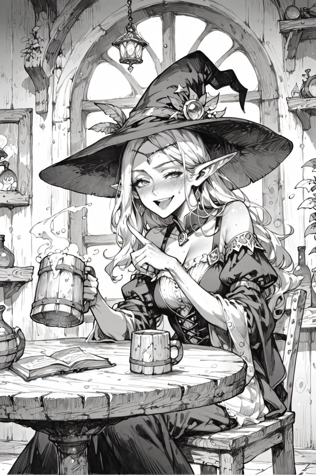 score_9, score_8_up, score_7_up, score_6_up, score_5_up, score_4_up, <lora:GraphiteSketch:0.6>, gr4ph1t3, monochrome, 1girl, fantasy character, witch, witch hat, mage, sorceress, elf, <lora:Fant5yP0ny:0.7>, bangs, fringe, adult, drunk, inebriated, eyes half-open, satisfied sigh, close-up, (simple background:0.5), sitting in chair, tavern table, simple wooden table, black and white, book, holding up finger, pointing up, bad posture, leaning back, tilting head back, tavern corner, walls