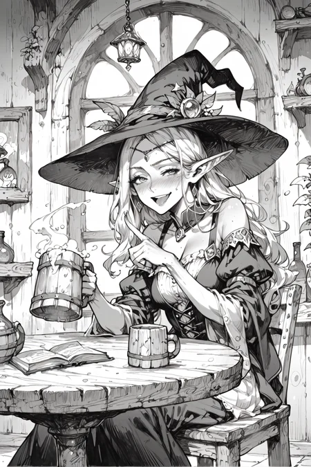 score_9, score_8_up, score_7_up, score_6_up, score_5_up, score_4_up, <lora:GraphiteSketch:0.6>, gr4ph1t3, monochrome, 1girl, fantasy character, witch, witch hat, mage, sorceress, elf, <lora:Fant5yP0ny:0.7>, bangs, fringe, adult, drunk, inebriated, eyes half-open, satisfied sigh, close-up, (simple background:0.5), sitting in chair, tavern table, simple wooden table, black and white, book, holding up finger, pointing up, bad posture, leaning back, tilting head back, tavern corner, walls