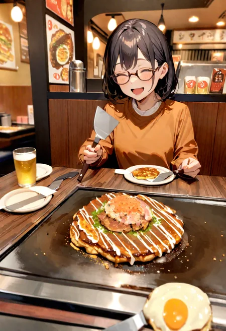 masterpiece, best quality, very aesthetic, absurdres,
1girl, glasses, black hair, open mouth, TEKOKOTE, holding TEKOKOTE, closed eyes, pov across table, sitting, plate, table, scenery, okonomiyaki, Teppan, food, restaurant, beer mug, holding, smile, indoors,
<lora:okonomiyaki_SDXL_V4:1>