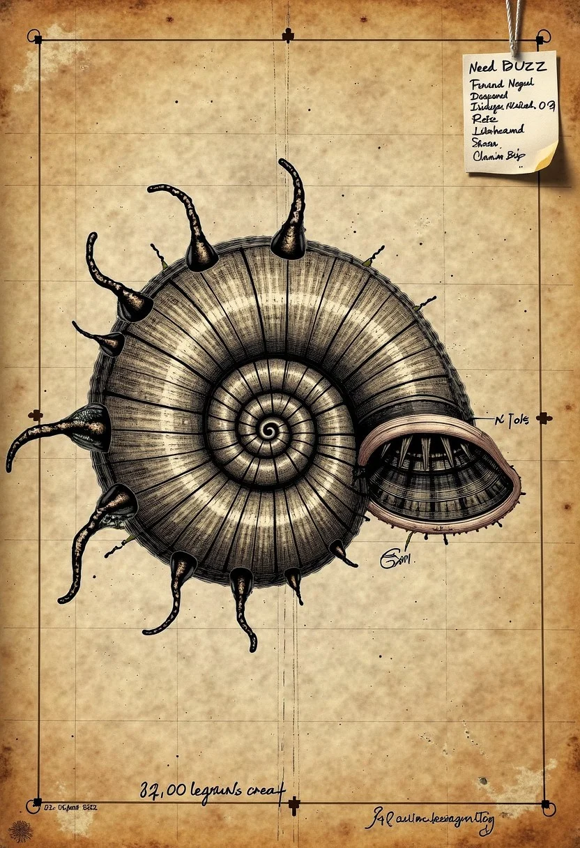 <lora:Flux-Davinci-ink-sketch-V2.safetensors:0.9>,  a davinci diagram in the style of the voynich manuscripts, depicting a chambered nautilus being inspiration for an underwater ship, inspired by 40,000 leagues under the sea. hand written annotations, aged parchment, Machina Magnifica. Note affixed that says "Need BUZZ for more research", 4k quality