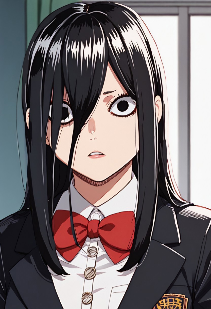 score_9, score_8_up, score_7_up, best quality, masterpiece, anime screencap, anime coloring, 1girl, solo, looking at viewer, upper body, yukishiro, solo, long hair, black hair, black eyes, hair over one eye, 1girl, looking at viewer, bow, portrait, bowtie, bangs, parted lips, shirt, breasts, parted lips,
shirt, white shirt, collared shirt, blazer top, navy blazer, buttons, bow tie, red bow tie, skirt, long skirt, tights, black tights, loafers