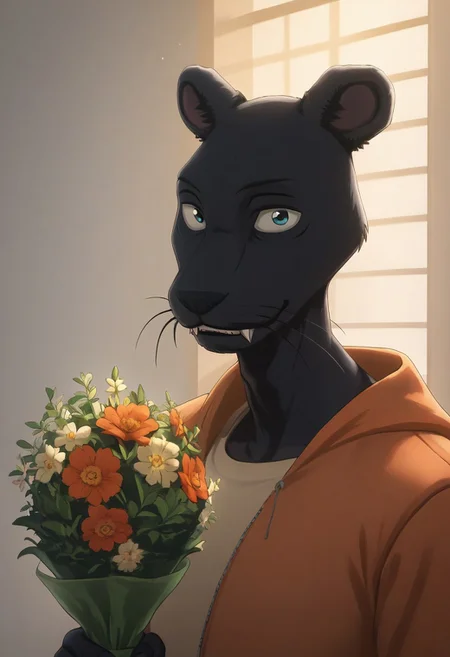 score_9_up, score_8_up, score_7_up, masterpiece, best quality, amazing quality, very aesthetic, absurdres, newest, high quality, detailed, male, solo male, TaoBeastars, 1boy, mature male, male, athletic build, anthro, black panther, animal ears, black fur, grey blue eyes, round ears, whiskers, tan shirt, orange jacket, brown slacks, half body, looking at viewer, smiling, fangs, volumetric lighting, standing, holding bouquet of flowers