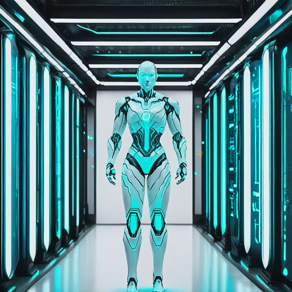 cybersecurityandroid, esetrobot, "A powerful cybernetic humanoid robot stands confidently in a futuristic data center, surrounded by glowing turquoise lights and high-tech server racks. The robot has a metallic body with turquoise accents, wearing a flowing superhero cape. Its muscular build and semi-human face give it a strong, heroic presence. The environment reflects a high-tech, sterile atmosphere with neon lights and holographic displays."