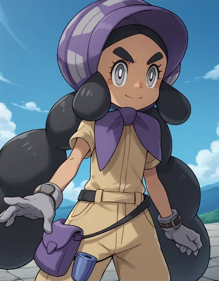 score_9, score_8_up, score_7_up, source_anime,
pokemonhapu, <lora:pokemon-hapu-ponyxl-lora-nochekaiser:1>,
hapu, long hair, black hair, twintails, dark skin, dark-skinned female, grey eyes, thick eyebrows, bright pupils, white pupils,
gloves, short sleeves, belt, black belt, purple headwear, bonnet, grey gloves, jumpsuit,
outdoors, landscape, bent over, smile,
looking at viewer, solo, cowboy shot, dutch angle,