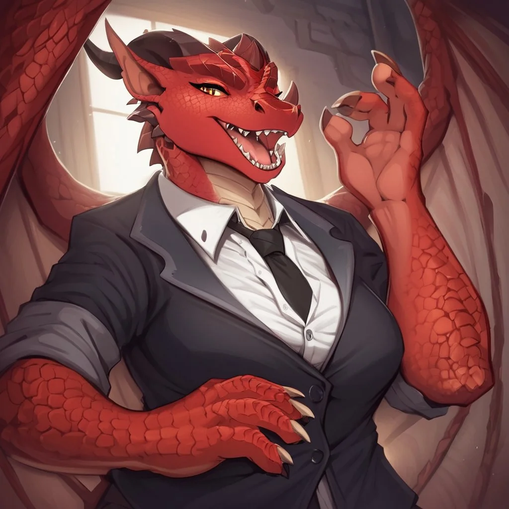 score_9, score_8_up, score_7_up, score_6_up, semi-realistic artwork, high quality, vibrant colors, best quality rendering, intricate details, high resolution, sharp focus, best render quality,solo,[e621] Scappo Style
Rathalos,anthro furry,dragon,teeth, claws, red scales, dark scales,red skin,female,large breast,business outfit,wings,horns,heavy scaled