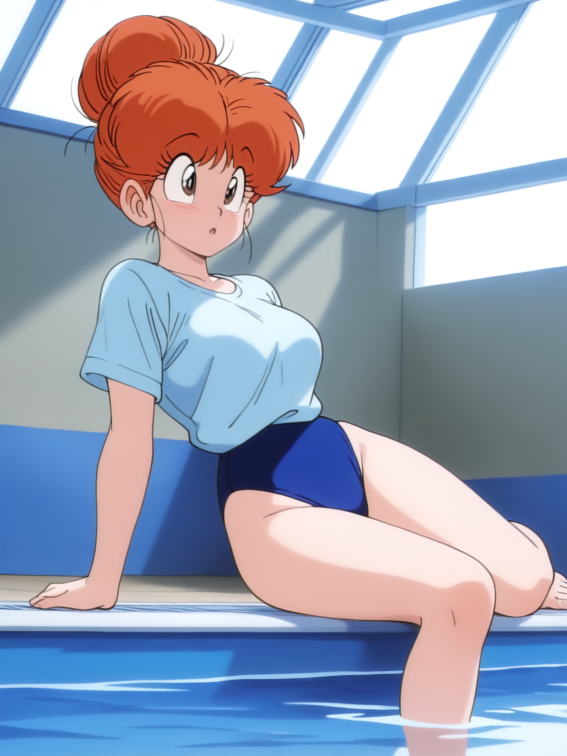masterpiece, best quality, amazing quality, very aesthetic, absurdres, newest, dynamic_angle, defined facial features, clear picture, uncensored
<lora:Todoh_Misato_ILv0b:0.8>
1girl, misato toudou \(dodge danpei\), hourglass body, orange hair, blue one-piece swimsuit, hair up, hair bun, barefoot, medium breasts, aged up:1.2, adult female, poolside, indoor pool, swimsuit under clothes, gym shirt,