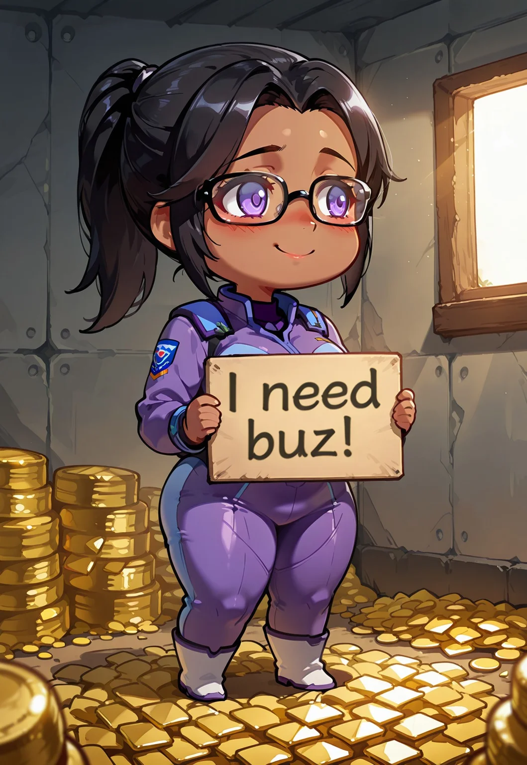 safe_pos, 1 girl, chibi, soft light, shy smile, ((dark skin:1.0)), ((black hair)), (straight ponytail), (black glasses), (beautiful detailed purple eyes), (purple pilot uniform), average breasts, thick thighs, plumped, need_buzz, holding sign, shy looking, looking away, pleading face, in a shed, ((pile of gold tokens behind her)),
cinematic lighting