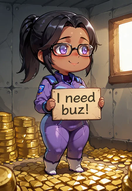 safe_pos, 1 girl, chibi, soft light, shy smile, ((dark skin:1.0)), ((black hair)), (straight ponytail), (black glasses), (beautiful detailed purple eyes), (purple pilot uniform), average breasts, thick thighs, plumped, need_buzz, holding sign, shy looking, looking away, pleading face, in a shed, ((pile of gold tokens behind her)),
cinematic lighting
