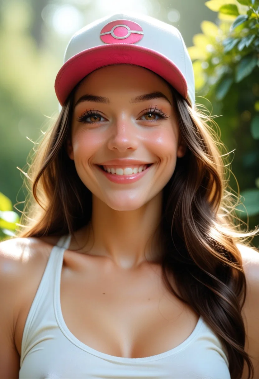 score_7_up, score_6_up, score_5_up, score_4_up, score_9, score_8_up, 8k, hilda from pokemon, brunette, long hair, beautiful girl, young, pokem cap red and white, realistic lighting, photo, photorealistic, beautiful face and eyes, perfect eyes, glossy lips, happy, smile, closed mouth, looking at viewer, sexy slim fit athletic body, beautiful large breast, large puffy nipples, erect nipples, round breast, perfect hand, perfect five fingers hand, wearing sexy slim white tank top, upper body shots, head to thighs, sexy pose, perfect photo shots, from different angle shots, cinematic lighting, garden view,